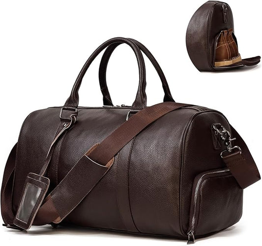 Leather Travel Bag for Men Large Capacity Luggage Duffel Bag with Shoe Compartment, Weekend Handbag for Holiday Business Trip 45cm, Brown