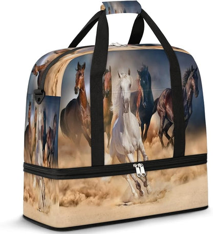 Running Horse Foldable Travel Duffel Bag, Expandable Sports Gym Bag with Shoes Compartment Weekender Overnight Totes Bags for Women Men