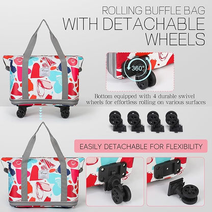 VOOWO Rolling Duffel Bag with Wheels - Foldable Expandable Duffle Bag with Wheels for Travel, Rolling Luggage Bag Wheeled Carry On Bag, Large Rolling Backpack Weekend Bags for Men Women (Love)