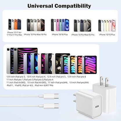iPhone Charger Fast Charging,2 Pack 20W USB C Wall Charger with 6FT Long Type C to C Charging Cable Compatible with iPhone 17/Air/17 Pro/17 Pro Max/iPhone 16/16 Pro/16 Pro Max/15 Pro, iPad Pro/AirPods