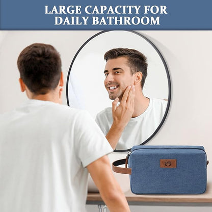 Janhavi Gifts for Husband, Waterproof Canvas Bag with Engraved Initials & Wheat Ear, Makeup Organizer Foldie Travel Bag Expandable, Men's Accessories Organizer, Mens Travel Bag Toiletry (Blue G)