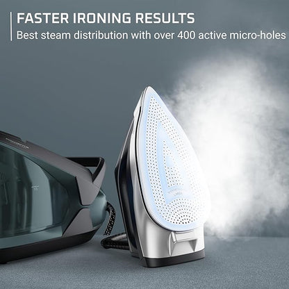 Rowenta Iron Steamer for Clothes Master Steam Station, Professional Steam Iron for Clothes with Stainless Steel Soleplate, 57 Oz, 400 Microsteam Holes, Built-In Pump, 1750 Watts, Black/Green, VR8338