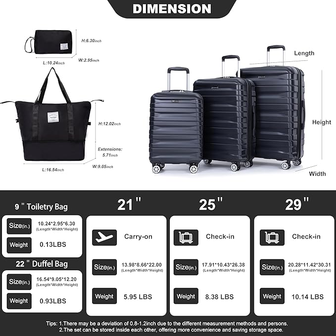Luggage sets 5 Piece Expandable Hardside Suitcase Set with Spinner Wheels, Lightweight PC Travel Luggage set with TSA Lock（21/25/29, Black