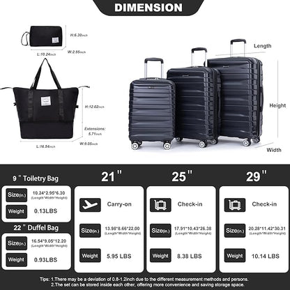 Luggage sets 5 Piece Expandable Hardside Suitcase Set with Spinner Wheels, Lightweight PC Travel Luggage set with TSA Lock（21/25/29, Black
