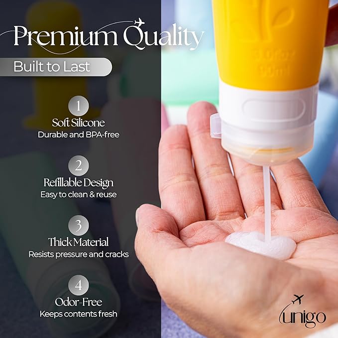 unigo Travel Bottles For Toiletries, 4-pack TSA Approved Containers, Travel Size Toiletries, Shampoo and Conditioner Bottles, Leak Proof and Refillable Bottles, Extra Bottle Covers (Multicolor A)