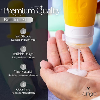 unigo Travel Bottles For Toiletries, 4-pack TSA Approved Containers, Travel Size Toiletries, Shampoo and Conditioner Bottles, Leak Proof and Refillable Bottles, Extra Bottle Covers (Multicolor A)