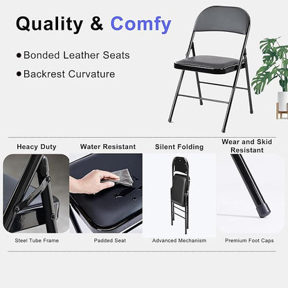 Folding Chairs 2 Pack, Portable Stackable Commercial Chair, Indoor Outdoor Padded Leather Chair with Sturdy Metal Frame, for Home, Office, or Party Events. (Black, 2 Pack)