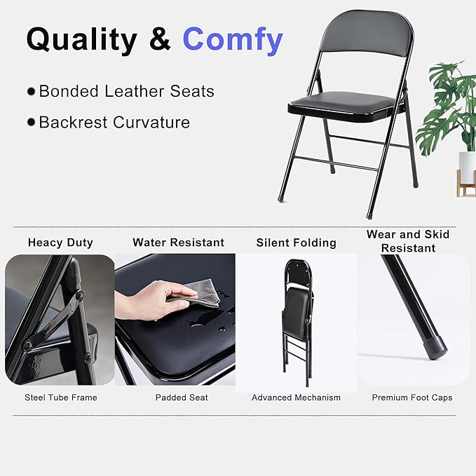 Folding Chairs 14 Pack, Portable Stackable Commercial Chair, Indoor Outdoor Padded Leather Chair with Sturdy Metal Frame, for Home, Office, or Party Events. (Black, 14 Pack)