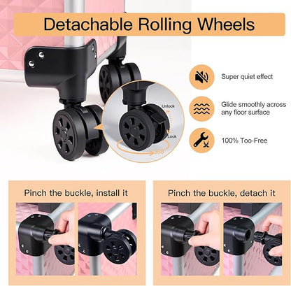 Professional Rolling Makeup Case, Cosmetology Case on Wheels 4 in 1 Large Cosmetic Train Case, Ideal Gift for Hairstylist, Nail Techs, Portable Beauty Organizer for Travel or Salon Use,pink