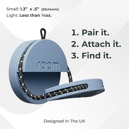 Roam Smart Tracker | Family-Friendly Eco Tracker for Keys, Bags & Kids’ Gear | Works with iOS & Android | Built-in Strap, QR Lost & Found | Replaceable Battery | No Extra App | 1-Pack, Blue