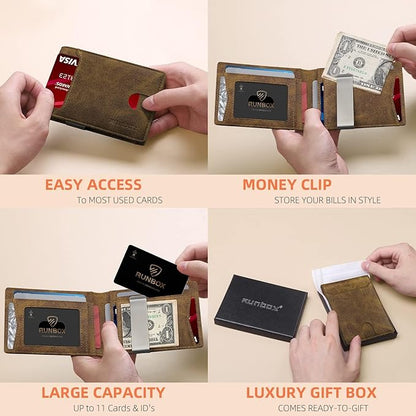 RUNBOX Money Clip Wallets for Men,Slim Leather Mens Bifold Wallet,RFID Blocking Front Pocket Wallet,Thin Credit Card Holder with Gift Box