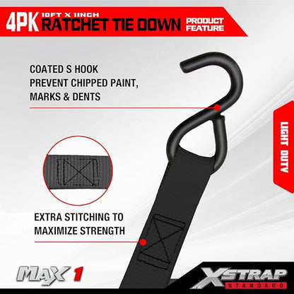 XSTRAP STANDARD Ratchet Tie Down Straps 4 Pk 10 Ft- 300 Lbs Load Cap- 900 Lbs Break Strength-Cargo Straps for UTV, ATV, Pickup,Truck, Moving Appliances, Lawn Equipment, Black