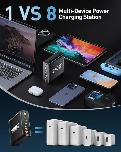280W USB C Charger Block, 8-Port USB Charging Station GaN III PD 65W Laptop Charger Adapter (Bright Black)