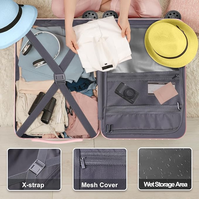 Krute Luggage Sets 2 Piece Suitcase with Cup Holder PC+ABS Hardside Charging Port Luggages TSA Approved Suitcase Set 20+28 Inch