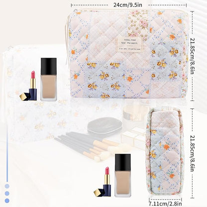 Floral Makeup Bag, Small Cosmetic Bag for Women Girls, Cute Cotton Makeup Bag, Quilted Makeup Bags, Flower Travel Toiletry Organizer Bag(Folk Style)