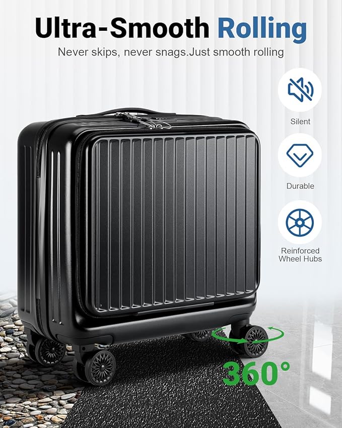 Lekebobor 16 Inch Small Carry on Luggage with Wheels, Airline Approved Hard Shell Suitcase with TSA Lock Front Pocket for Travel for Women Men, Black