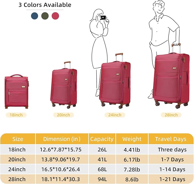 LARVENDER Luggage Sets 4 Piece, Softside Carry On Luggage Suitcase Set with 360° Spinner Wheels for Women Men(28/24/20/18) Rose Red