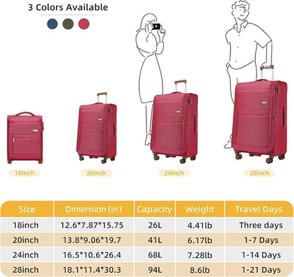 LARVENDER Luggage Sets 4 Piece, Softside Carry On Luggage Suitcase Set with 360° Spinner Wheels for Women Men(28/24/20/18) Rose Red