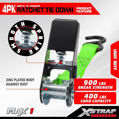 XSTRAP STANDARD Ratchet Tie Down Straps 4 Pk 10 Ft- 300 Lbs Load Cap- 900 Lbs Break Strength-Cargo Straps for UTV, ATV, Pickup,Truck, Moving Appliances, Lawn Equipment, Neon Green