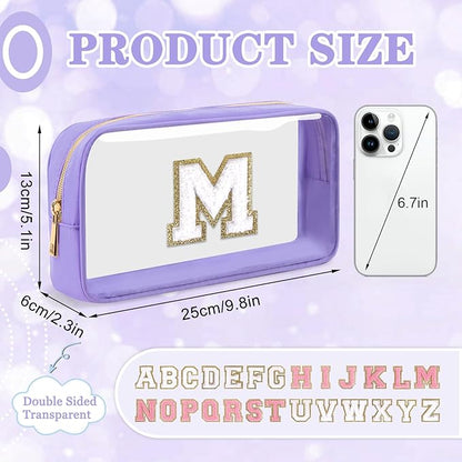 Small Clear Personalized Initial Makeup Bag,Nylon Preppy A-Z Chenille Letter Patch Cosmetic Pouch Beach Toiletry Bag,Waterproof Zip Travel Purse Storage Bag Organizer for Women Girls(Purple-White M)