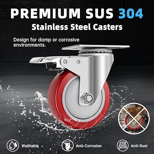 W B D WEIBIDA Stainless Steel 4 Inch Caster Wheels with Brake,Anti-Corrosion 304 Heavy Duty Casters Set of 4,Rust-Proof Industrial Castor for Furniture,Labs,Hospitals,Restaurants,Industrial