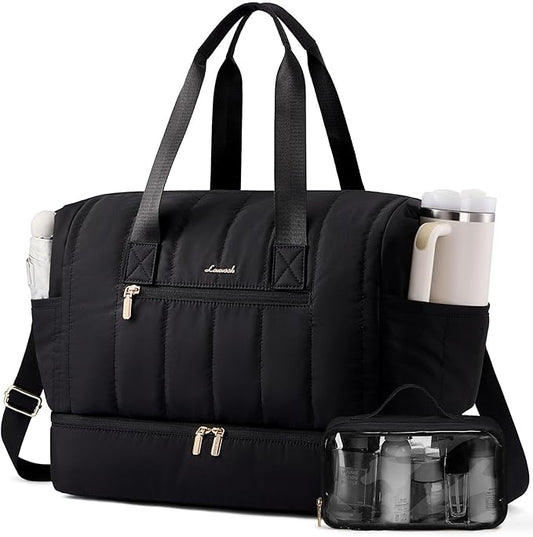 LOVEVOOK Travel Duffle Bag,Puffer Weekender Bags For Women with Shoe Compartment,42L Carry On Duffel Bags For Airplanes,Hospital Bag for Labor and Delivery,Overnight Bag With Toiltry Bag,2Pcs Set