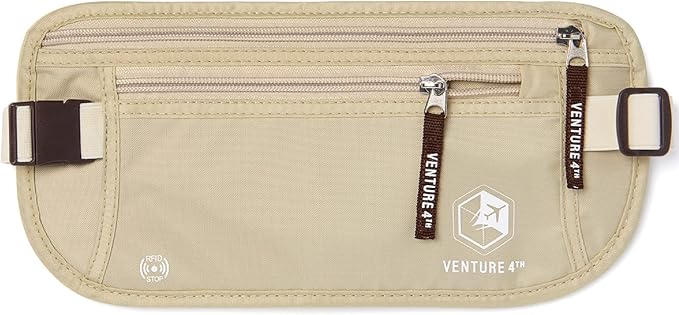 VENTURE 4TH Money Belt for Travel – Hidden Under-Clothes RFID Blocking Passport Holder & Slim Travel Wallet Pouch for Men & Women to Protect Cash, Cards & Documents (Beige)