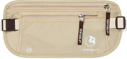VENTURE 4TH Money Belt for Travel – Hidden Under-Clothes RFID Blocking Passport Holder & Slim Travel Wallet Pouch for Men & Women to Protect Cash, Cards & Documents (Beige)