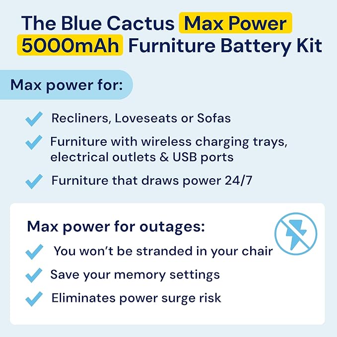 The Blue Cactus Max Power 5000mAh Kit - Battery, Power Transformer, Cords - 2-Pin Connector - Wireless with LED & Low Charge Alert - Couch Battery Pack for Reclining Chairs, Sofas & Loveseats