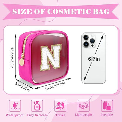 Personalized Initial Letter Clear Preppy Makeup Bag,Mini Nylon Chenille Letter Cosmetic Bag Cute Zipper Pouch Coin Purse for Teen Girls,Portable TSA Approved Travel Essentials Bag Gift for Women,N