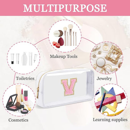 Small Clear Personalized Initial Makeup Bag, Preppy Nylon A-Z Chenille Letter Patch Makeup Organizer TSA Approved Travel Toiletry Bag,Waterproof Zip Beach Cosmetic Pouch Purse for Women(White-Pink V)
