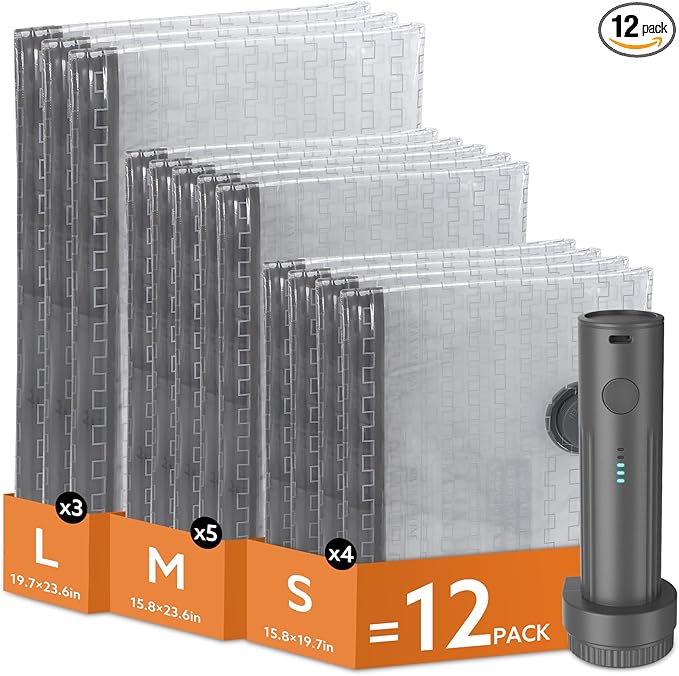 Travel Vacuum Bags with Wireless Charging Air Pump, 12 Pack Vacuum Seal Bags with 3 Sizes for Clothing Travel, Space Saver for Luggage, Business Trip, Home Storage,