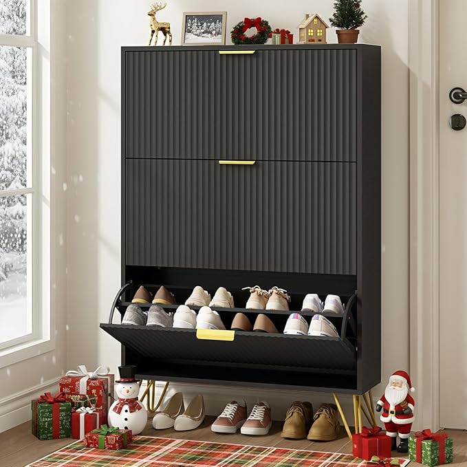 Shoe Cabinet with 3 Flip Drawers Narrow, Fluted Black Shoe Cabinet Storage for Entryway Slim, Hidden Shoe Storage Cabinet, Modern Freestanding Shoe Rack Organizer for Entryway, Black