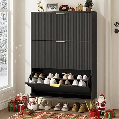 Shoe Cabinet with 3 Flip Drawers Narrow, Fluted Black Shoe Cabinet Storage for Entryway Slim, Hidden Shoe Storage Cabinet, Modern Freestanding Shoe Rack Organizer for Entryway, Black