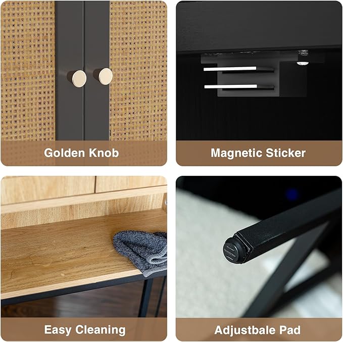 Rattan Toilet Storage Cabinet, Over The Rack Wood Cabinet with Metal Stand, Bathroom Organizer with Adjustable Shelf, Tall Freestanding Washer Shelf, Small Cupboard, Space Saver, Natural style, Black