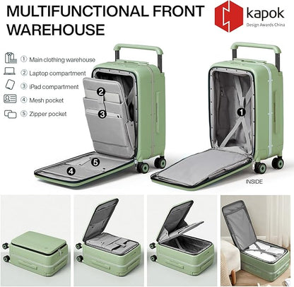 mixi Carry On Luggage Wide Handle Luxury Design Rolling Travel Suitcase PC Hardside with Aluminum Frame Hollow Spinner Wheels, with Cover, 20 inch, Avocado Green