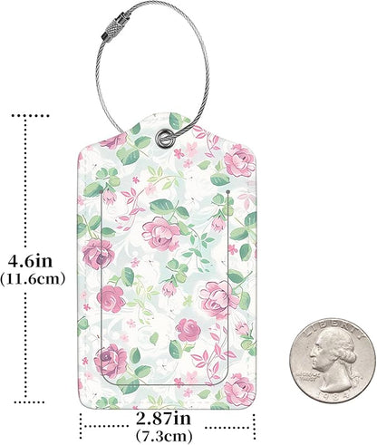 2 Pcs Luggage Tags for Suitcase, Cute Unique PU Leather Travel Bag Tag with Privacy Cover ID Label Address Card and Durable Metal Ring Suitable for Men Women Children Backpack,Flower A