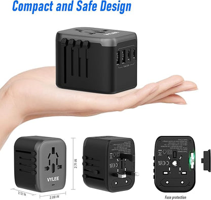 Universal Travel Adapter, VYLEE 5 in 1 International Power Adapter, 3.5A 2xUSB-A and 2xUSB C Wall Charger, Worldwide Travel Essentials Plug for Europe USA UK AUS Asia (Black Grey)
