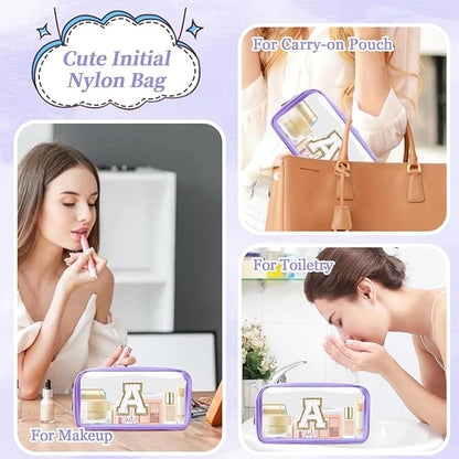 Small Clear Personalized Initial Makeup Bag,Nylon Preppy A-Z Chenille Letter Patch Cosmetic Pouch Beach Toiletry Bag,Waterproof Zip Travel Purse Storage Bag Organizer for Women Girls(Purple-White A)