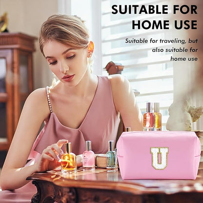 Initial Makeup Bag Personalized Preppy Travel Small Cosmetic Bag Cute PU Pink Chenille Letter Makeup Pouch for Purse Waterproof Zippered Toiletry Organizer for Women Girls Kids Friends(U)