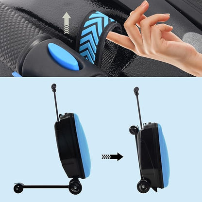 Apelila 20" Scooter Suitcase for Kids, 2-in-1 Ride On Luggage with Wheels for Boys & Girls Ages 4-15, Foldable Hardshell Carry On Lightweight Travel Suitcase for Airplane (Light Blue W/LED)