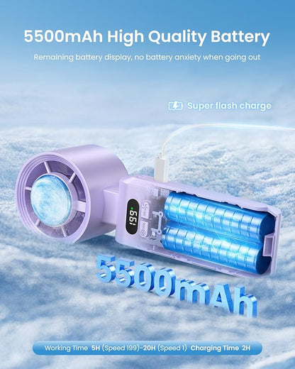 2 Pack Handheld Portable Turbo Fan with Ice Cooler, Speed (1-199) 5500mAh*2 Rechargeable Personal Fan,[20H Cooling Time] Mini Yet Powerful, Small Pocket Fans for Travel/Outdoor/Office, Purple
