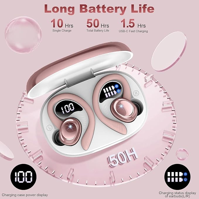 Wireless Earbuds Bluetooth 5.4 Headphones Sport, New Bluetooth Earbuds with Earhooks, 50H Stereo Over Ear Buds, Earphone with 4 ENC Noise Canceling Mic, IP7 Waterproof Headset for Running/Gym/Workout