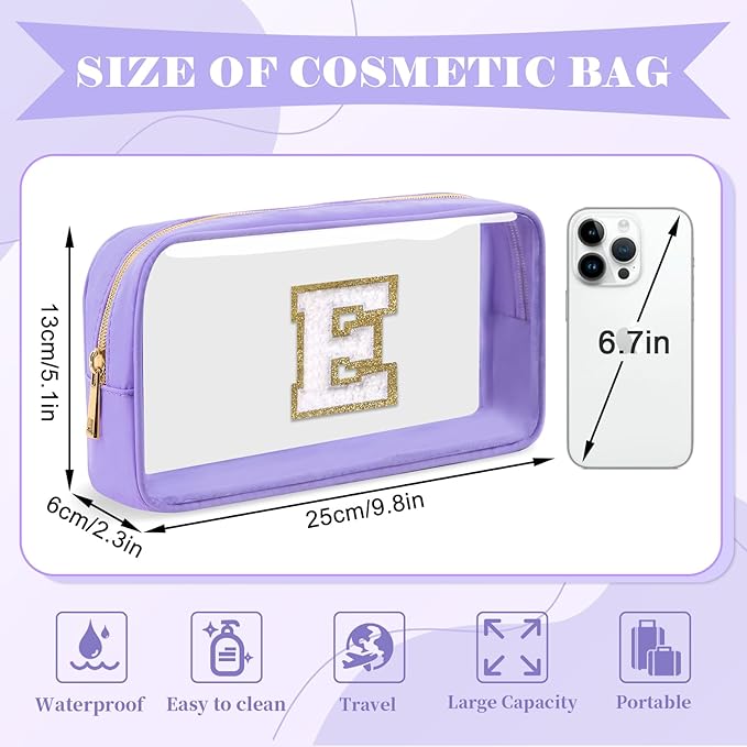 Personalized Initial Letter Clear Makeup Bag,Preppy Small Nylon&PVC Cosmetic Zipper Bag with Chenille Letter,Travel Skincare Toiletry Bag,Monogram Christmas Gift for Teen Girls Women,E