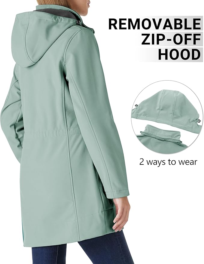 Outdoor Ventures Women's Softshell Jacket with Removable Hood Fleece Lined Windbreaker Insulated Long Warm Rain Jacket
