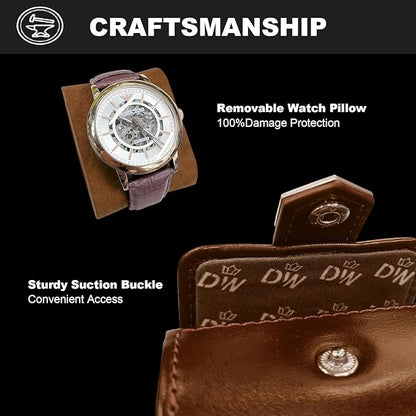 DUKWIN Watch Roll,Vegan Leather Travel Single Watch Case Organizer with Removable Pillows for Men and Women, Display Case for All Watches Collection and Gift for Anniversary Birthday(Brown Storage)