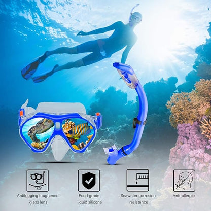 Kids Snorkeling Set Children Mask Fin Snorkel Set Snorkeling Gear Snorkel Mask + Adjustable Swimming Kids Flippers+ Dry Snorkel Tube + Travel Bags