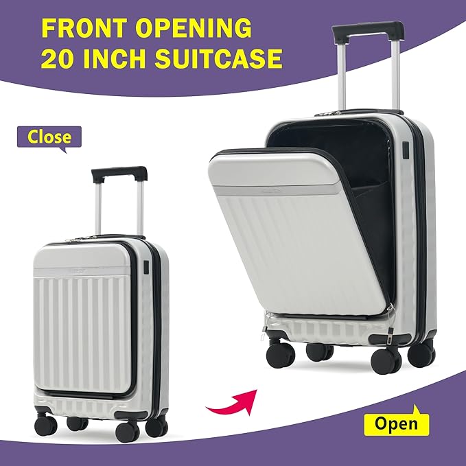 Merax Luggage Sets 2 Piece Front Opening, Hardside Lightweight Carry on Suitcase with USB Port,Durable Expandable Luggage with Bags Spinner Wheels and TSA Lock,White Grey