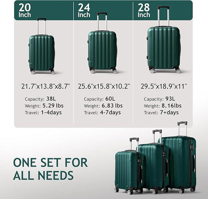3 Piece Luggage Sets, Lightweight ABS Suitcase with 4 Spinner Wheels ＆ TSA Locks, Hardside Carry On Luggage Durable Suitcase Set for Family Travel Business - Dark Green, 20/24/28