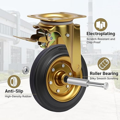 Nefish 8 Inch Outdoor Heavy Duty Caster, Large Castors Wheels Set of 4 with Brake, Durable Industrial Grade Casters 3200 LBS, 360 Degree Plate Swivel Castor Wheels for Cart, Workbench, Machine